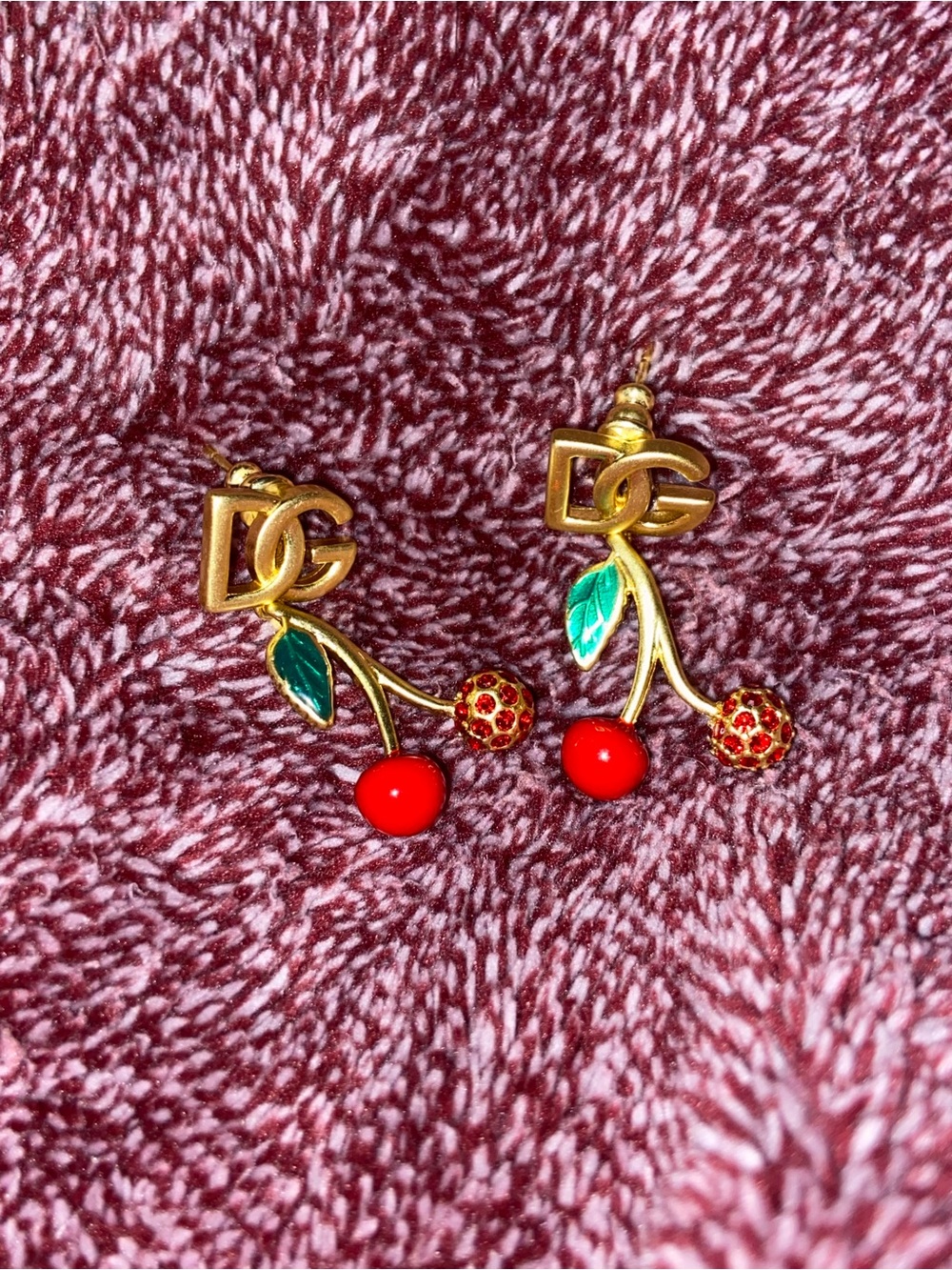 Dolce & Gabbana Gold Cherry Drop Earrings with Red and Green Enamel